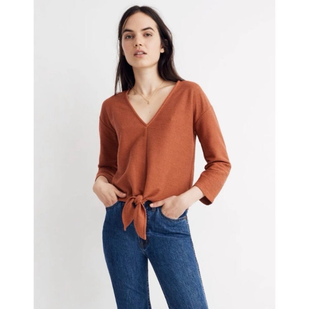 Madewell Texture Thread V Neck Tie Front Cotton Top